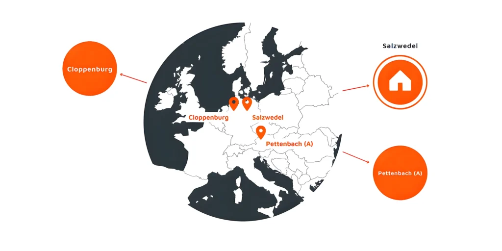 Fangmann-Energy-Services-Standorte-Salzwedel-Cloppenburg Europakarte in Grau und weiß. Markiert sind die Standorte Cloppenburg, Salzwedel und Pettenbach in orange