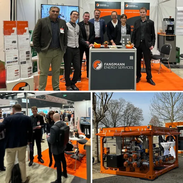 Messestand DGMK 2025 von Fangmann Energy Services. Besucher informieren sich am Stand und unterhalten sich.